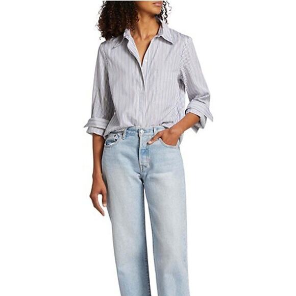 TWP Blue Striped Boyfriend Shirt, Cotton, Roll Tabs, Career, Quiet Luxury Small - Picture 2 of 16